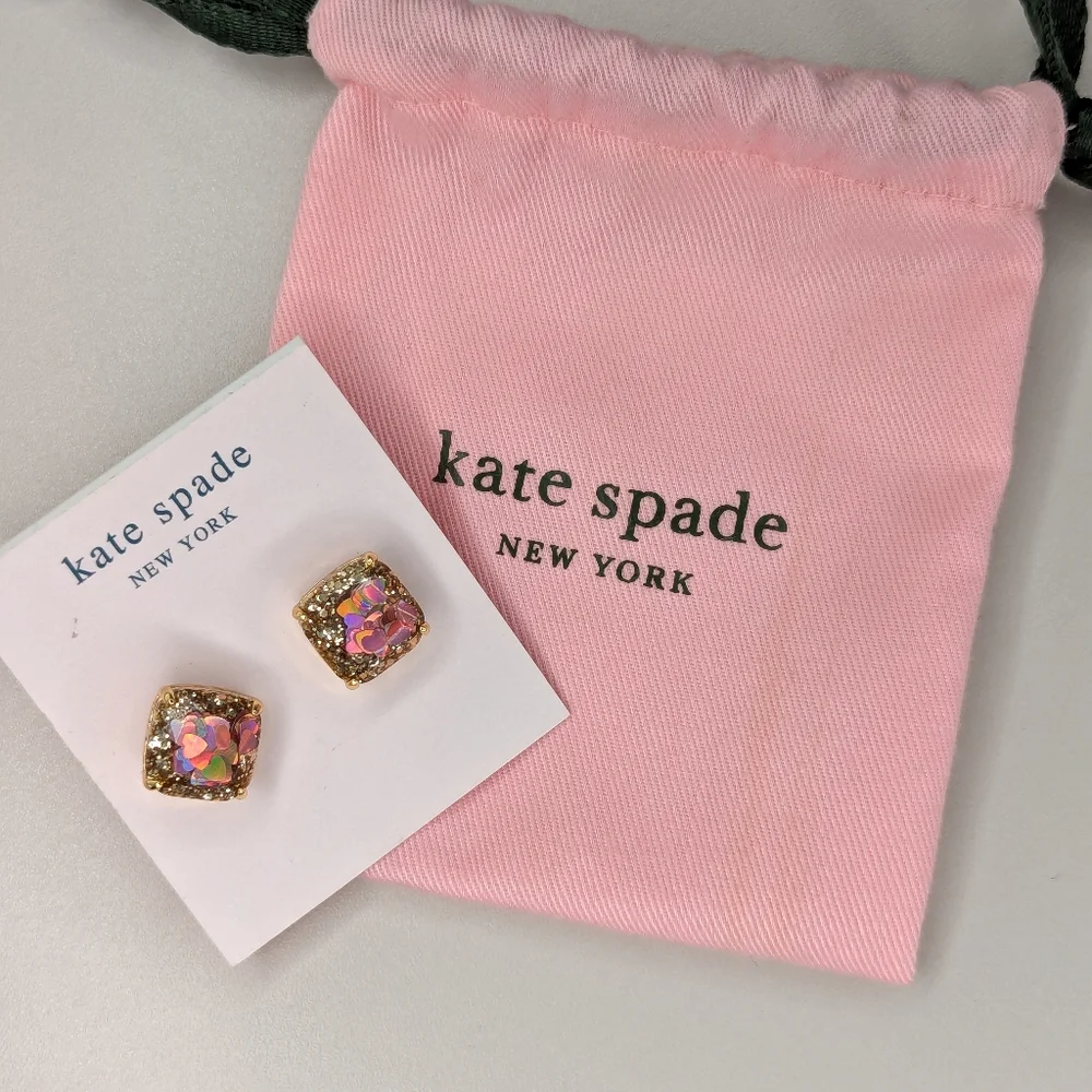 Kate Spade Gold Iridescent Heart Glitter Earrings NWOT - Picture 5 of 6